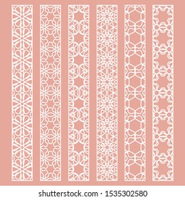 Vector set of line borders with geometric repeating texture. Isolated design elements for page decoration, headline, banners, wedding invitation cards. Fashion white lace collection
