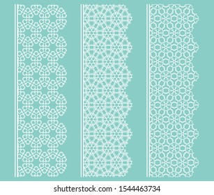 Vector set of line borders with geometric repeating texture. Isolated design elements for page decoration, headline, banners, wedding invitation cards. Fashion white lace collection