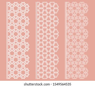 Vector set of line borders with geometric repeating texture. Isolated design elements for page decoration, headline, banners, wedding invitation cards. Fashion white lace collection