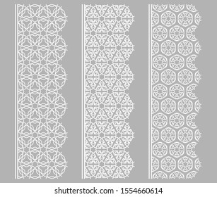 Vector set of line borders with geometric repeating texture. Isolated design elements for page decoration, headline, banners, wedding invitation cards. Fashion white lace collection