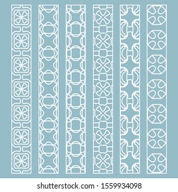 Vector set of line borders with geometric repeating texture. Isolated design elements for page decoration, headline, banners, wedding invitation cards. Fashion white lace collection