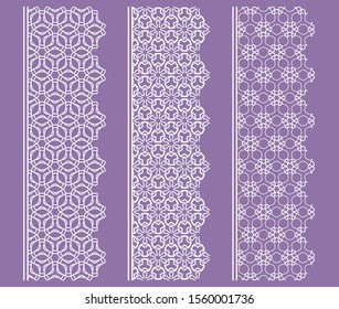 Vector set of line borders with geometric repeating texture. Isolated design elements for page decoration, headline, banners, wedding invitation cards. Fashion white lace collection