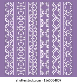 Vector set of line borders with geometric repeating texture. Isolated design elements for page decoration, headline, banners, wedding invitation cards. Fashion white lace collection