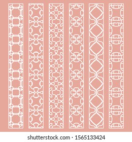 Vector set of line borders with geometric repeating texture. Isolated design elements for page decoration, headline, banners, wedding invitation cards. Fashion white lace collection
