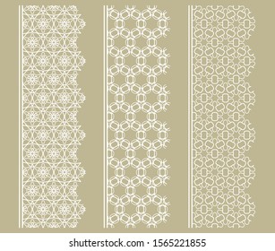 Vector set of line borders with geometric repeating texture. Isolated design elements for page decoration, headline, banners, wedding invitation cards. Fashion white lace collection