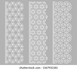 Vector set of line borders with geometric repeating texture. Isolated design elements for page decoration, headline, banners, wedding invitation cards. Fashion white lace collection