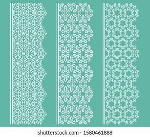 Vector set of line borders with geometric repeating texture. Isolated design elements for page decoration, headline, banners, wedding invitation cards. Fashion white lace collection