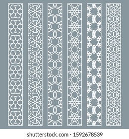 Vector set of line borders with geometric repeating texture. Isolated design elements for page decoration, headline, banners, wedding invitation cards. Fashion white lace collection