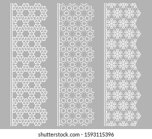 Vector set of line borders with geometric repeating texture. Isolated design elements for page decoration, headline, banners, wedding invitation cards. Fashion white lace collection