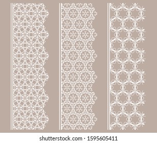 Vector set of line borders with geometric repeating texture. Isolated design elements for page decoration, headline, banners, wedding invitation cards. Fashion white lace collection