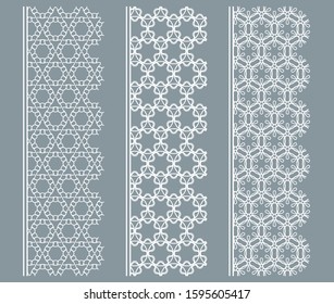 Vector set of line borders with geometric repeating texture. Isolated design elements for page decoration, headline, banners, wedding invitation cards. Fashion white lace collection