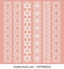 Vector set of line borders with geometric repeating texture. Isolated design elements for page decoration, headline, banners, wedding invitation cards. Fashion white lace collection