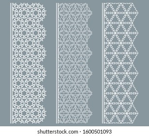 Vector set of line borders with geometric repeating texture. Isolated design elements for page decoration, headline, banners, wedding invitation cards. Fashion white lace collection