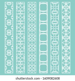 Vector set of line borders with geometric repeating texture. Isolated design elements for page decoration, headline, banners, wedding invitation cards. Fashion white lace collection