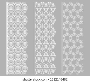 Vector set of line borders with geometric repeating texture. Isolated design elements for page decoration, headline, banners, wedding invitation cards. Fashion white lace collection