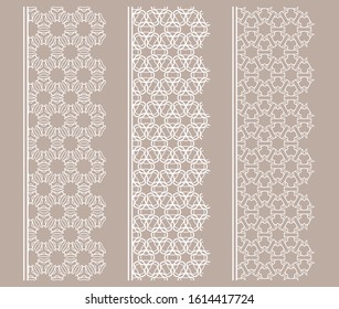 Vector set of line borders with geometric repeating texture. Isolated design elements for page decoration, headline, banners, wedding invitation cards. Fashion white lace collection