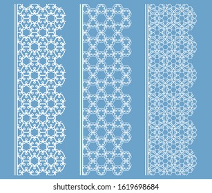 Vector set of line borders with geometric repeating texture. Isolated design elements for page decoration, headline, banners, wedding invitation cards. Fashion white lace collection