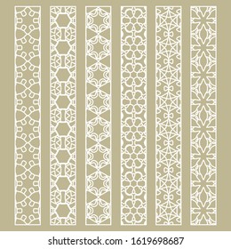 Vector set of line borders with geometric repeating texture. Isolated design elements for page decoration, headline, banners, wedding invitation cards. Fashion white lace collection