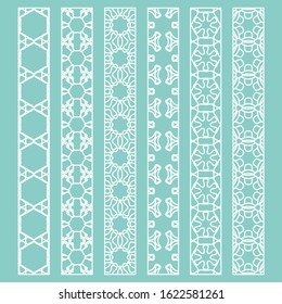 Vector set of line borders with geometric repeating texture. Isolated design elements for page decoration, headline, banners, wedding invitation cards. Fashion white lace collection