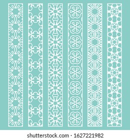 Vector set of line borders with geometric repeating texture. Isolated design elements for page decoration, headline, banners, wedding invitation cards. Fashion white lace collection