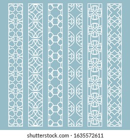 Vector set of line borders with geometric repeating texture. Isolated design elements for page decoration, headline, banners, wedding invitation cards. Fashion white lace collection