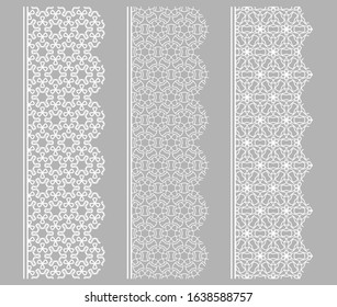 Vector set of line borders with geometric repeating texture. Isolated design elements for page decoration, headline, banners, wedding invitation cards. Fashion white lace collection