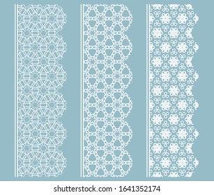 Vector set of line borders with geometric repeating texture. Isolated design elements for page decoration, headline, banners, wedding invitation cards. Fashion white lace collection