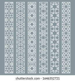 Vector set of line borders with geometric repeating texture. Isolated design elements for page decoration, headline, banners, wedding invitation cards. Fashion white lace collection