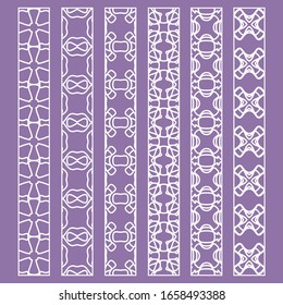 Vector set of line borders with geometric repeating texture. Isolated design elements for page decoration, headline, banners, wedding invitation cards. Fashion white lace collection