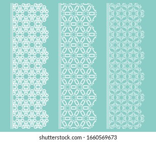 Vector set of line borders with geometric repeating texture. Isolated design elements for page decoration, headline, banners, wedding invitation cards. Fashion white lace collection