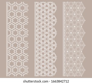 Vector set of line borders with geometric repeating texture. Isolated design elements for page decoration, headline, banners, wedding invitation cards. Fashion white lace collection