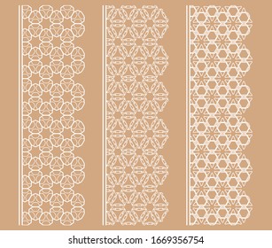 Vector set of line borders with geometric repeating texture. Isolated design elements for page decoration, headline, banners, wedding invitation cards. Fashion white lace collection