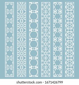 Vector set of line borders with geometric repeating texture. Isolated design elements for page decoration, headline, banners, wedding invitation cards. Fashion white lace collection