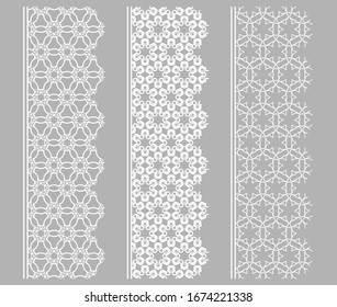 Vector set of line borders with geometric repeating texture. Isolated design elements for page decoration, headline, banners, wedding invitation cards. Fashion white lace collection