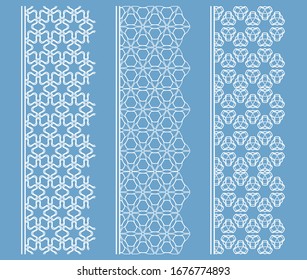 Vector set of line borders with geometric repeating texture. Isolated design elements for page decoration, headline, banners, wedding invitation cards. Fashion white lace collection
