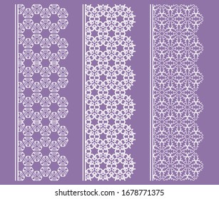 Vector set of line borders with geometric repeating texture. Isolated design elements for page decoration, headline, banners, wedding invitation cards. Fashion white lace collection