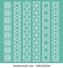 Vector set of line borders with geometric repeating texture. Isolated design elements for page decoration, headline, banners, wedding invitation cards. Fashion white lace collection