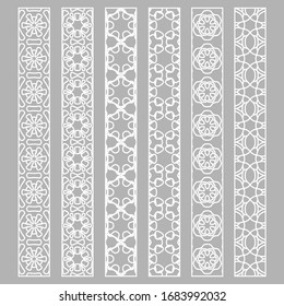 Vector set of line borders with geometric repeating texture. Isolated design elements for page decoration, headline, banners, wedding invitation cards. Fashion white lace collection