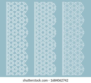 Vector set of line borders with geometric repeating texture. Isolated design elements for page decoration, headline, banners, wedding invitation cards. Fashion white lace collection