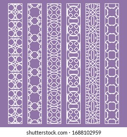 Vector set of line borders with geometric repeating texture. Isolated design elements for page decoration, headline, banners, wedding invitation cards. Fashion white lace collection