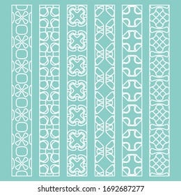 Vector set of line borders with geometric repeating texture. Isolated design elements for page decoration, headline, banners, wedding invitation cards. Fashion white lace collection