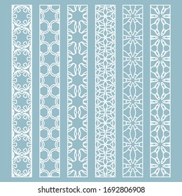 Vector set of line borders with geometric repeating texture. Isolated design elements for page decoration, headline, banners, wedding invitation cards. Fashion white lace collection