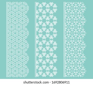 Vector set of line borders with geometric repeating texture. Isolated design elements for page decoration, headline, banners, wedding invitation cards. Fashion white lace collection