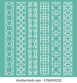 Vector set of line borders with geometric repeating texture. Isolated design elements for page decoration, headline, banners, wedding invitation cards. Fashion white lace collection