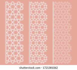 Vector set of line borders with geometric repeating texture. Isolated design elements for page decoration, headline, banners, wedding invitation cards. Fashion white lace collection