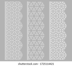 Conjunto vectorial de bordes de línea con textura repetitiva geométrica. Elementos de diseño aislados para la decoración de páginas, titular, banners, tarjetas de invitación para bodas. Colección de encajes blancos de moda