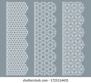 Vector set of line borders with geometric repeating texture. Isolated design elements for page decoration, headline, banners, wedding invitation cards. Fashion white lace collection