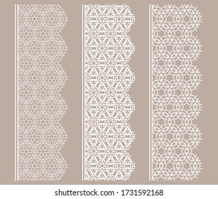 Vector set of line borders with geometric repeating texture. Isolated design elements for page decoration, headline, banners, wedding invitation cards. Fashion white lace collection