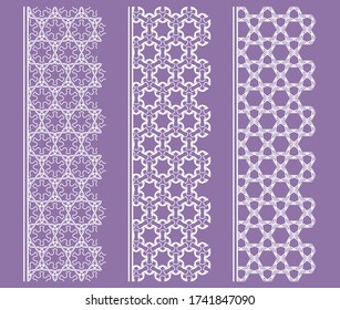Vector set of line borders with geometric repeating texture. Isolated design elements for page decoration, headline, banners, wedding invitation cards. Fashion white lace collection