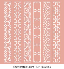 Vector set of line borders with geometric repeating texture. Isolated design elements for page decoration, headline, banners, wedding invitation cards. Fashion white lace collection